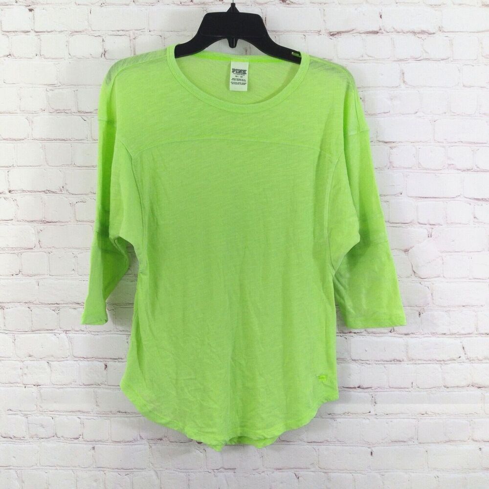 Pink Victorias Secret Top Womens XS Green Neon 3/4 Sleeve Crew Neck Dog Logo